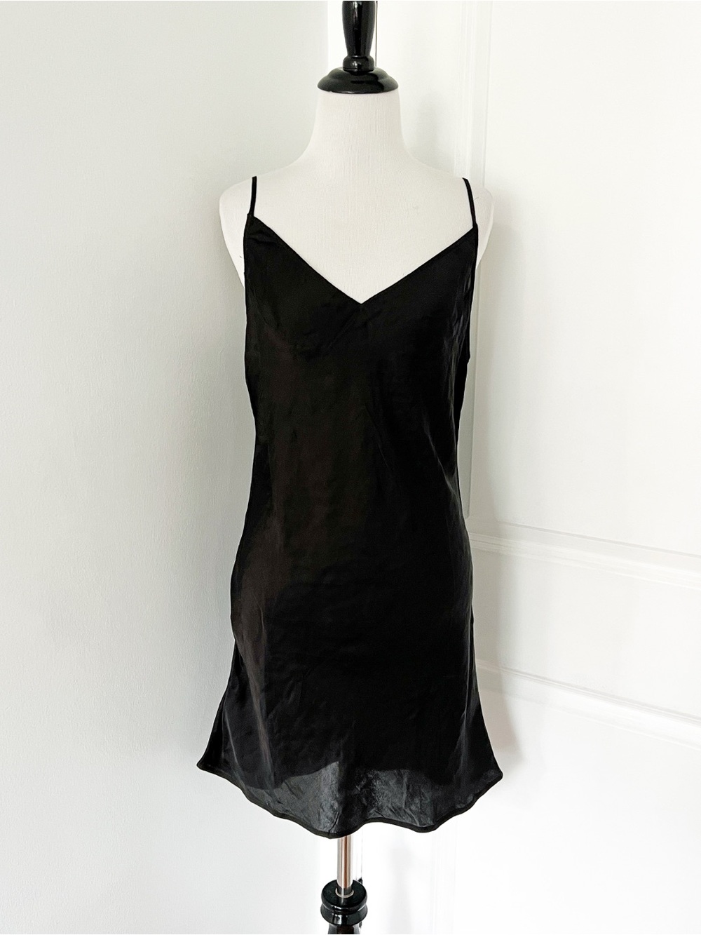 Sleek Black Slip Chemise with V-Neck Spaghetti Straps